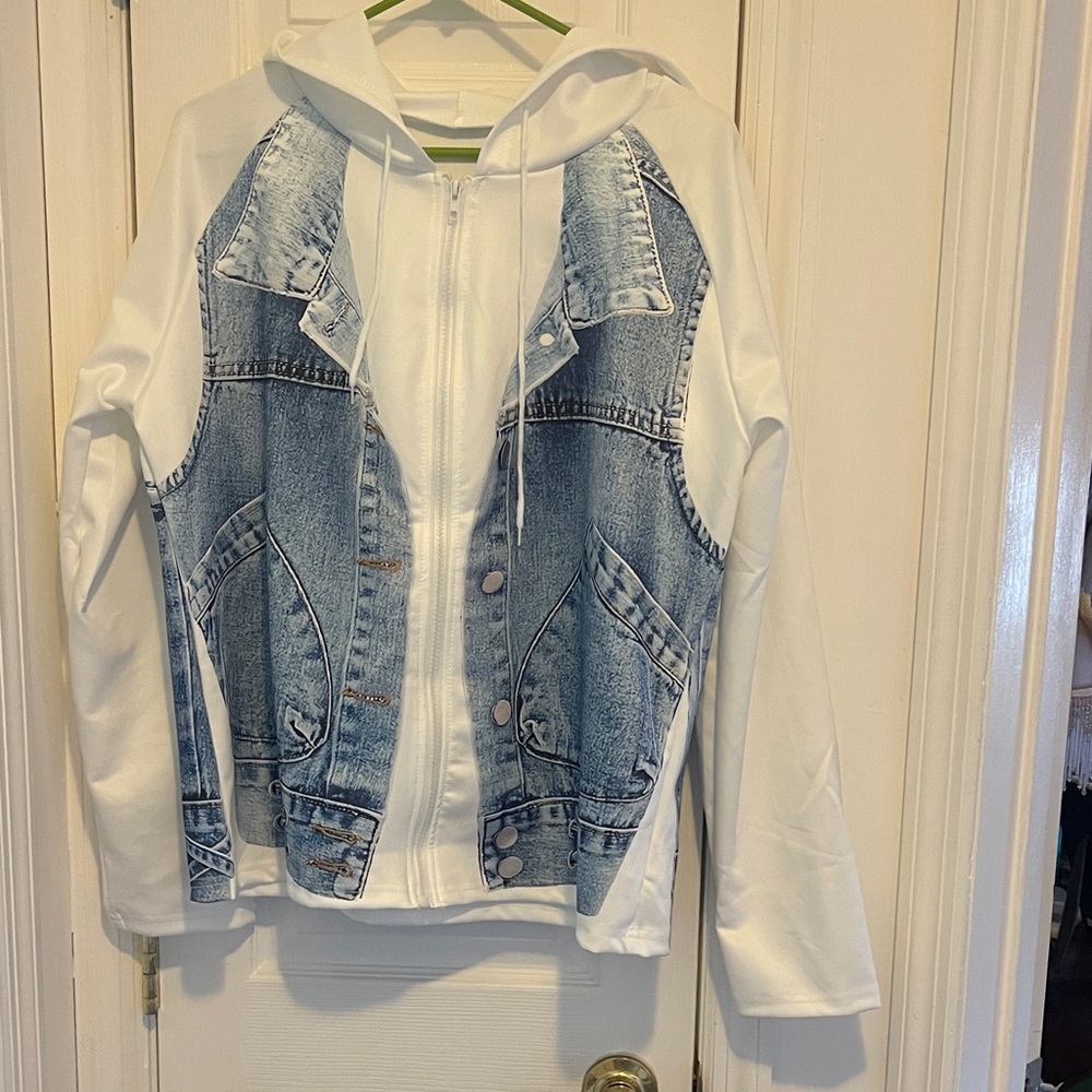 White Hoodie with Denim-Print Front Jacket - Women